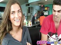 Crazy college tramp exposes her humungous real tits while drinking milk shake in public