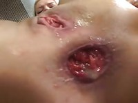 Group sex vid features blonde coed deep throating before taking massive anal creampie