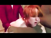 Redhead got screwed from behind on the couch