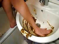 Pervert slut pooping on the bathroom's sink 