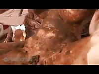 Busty whore rubs shit all over her ass